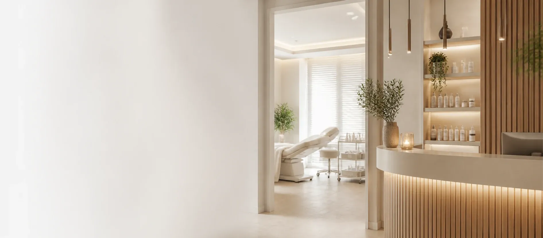 Wellness Beauty şubesinde resepsiyon ve bakım odası alanı